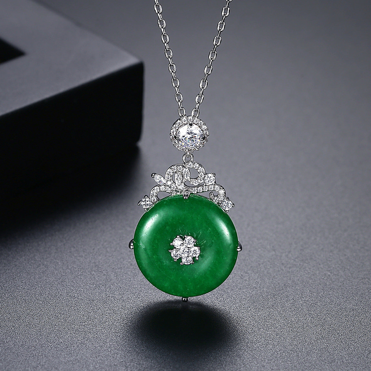 White Gold Plated Cubic Zirconia Jade Pendant Necklace AAA2503