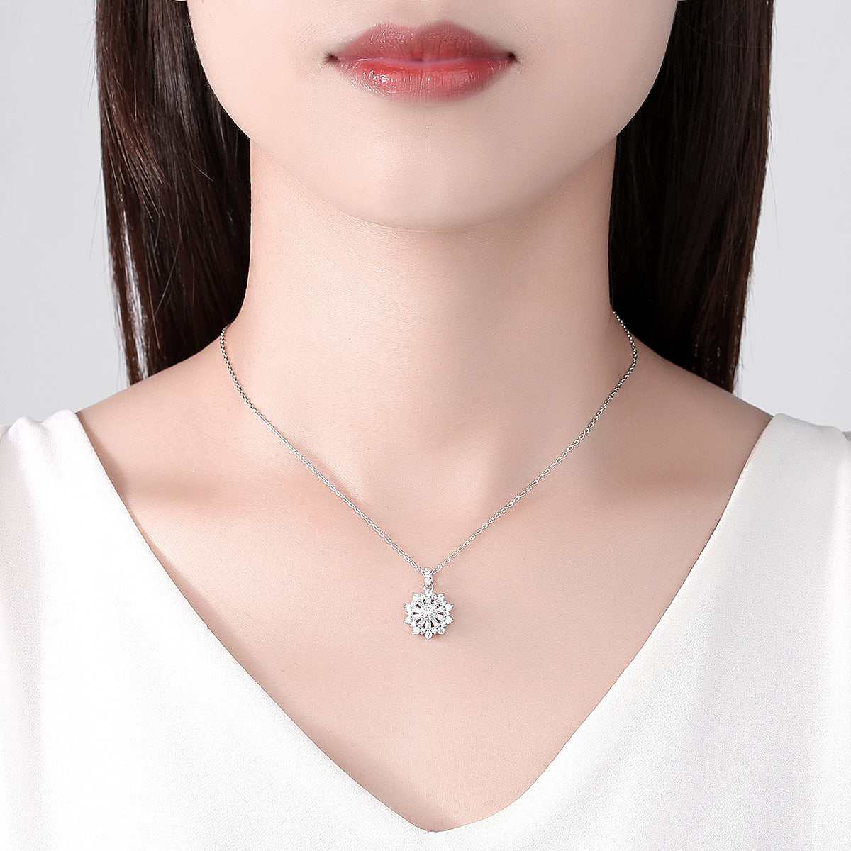 White Gold Plated Cubic Zirconia Flower Chain Necklace AAA2516