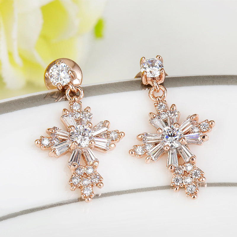 Rose Gold Plated Cubic Zirconia Cross Drop Earrings AAA2519