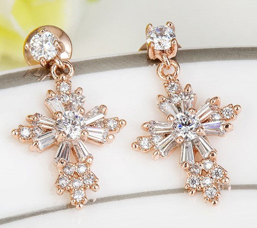 Rose Gold Plated Cubic Zirconia Cross Drop Earrings AAA2519