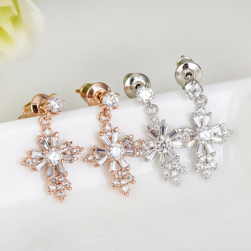 Rose Gold Plated Cubic Zirconia Cross Drop Earrings AAA2519