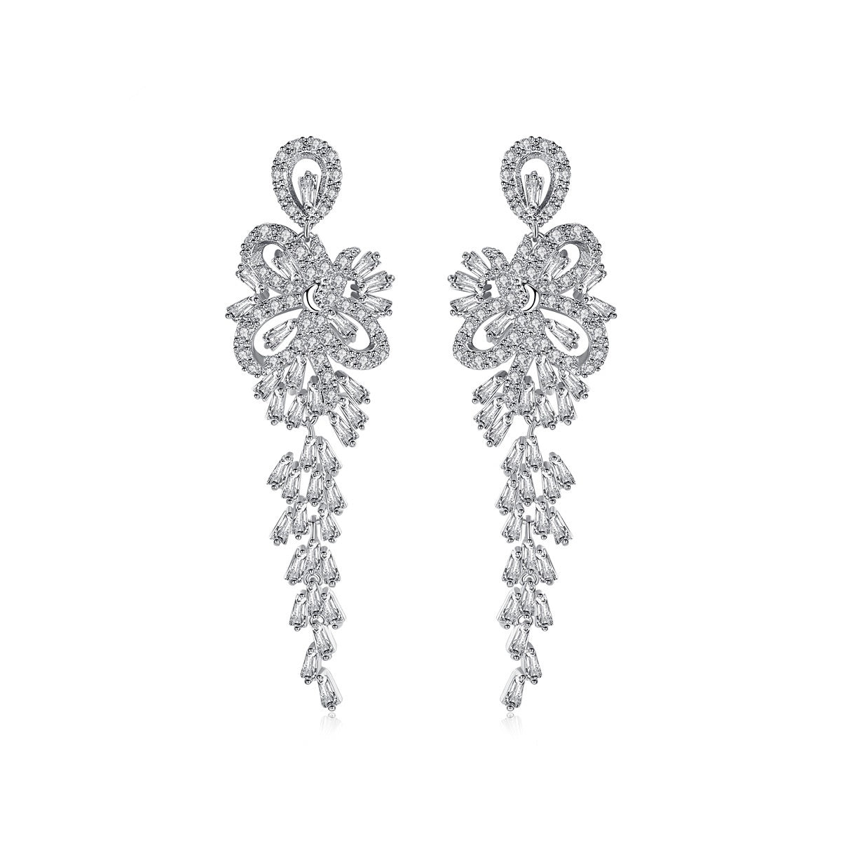 White Gold Plated Cubic Zirconia Flower Tassel Earrings AAA2536