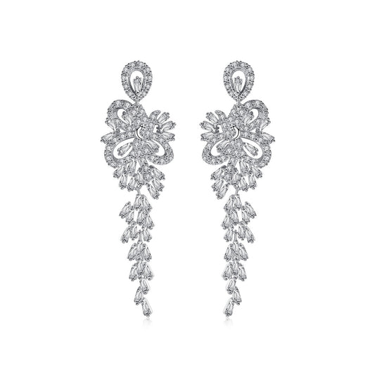 White Gold Plated Cubic Zirconia Flower Tassel Earrings AAA2536