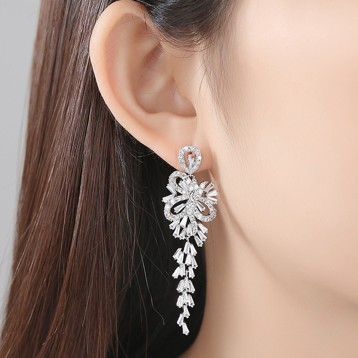 White Gold Plated Cubic Zirconia Flower Tassel Earrings AAA2536