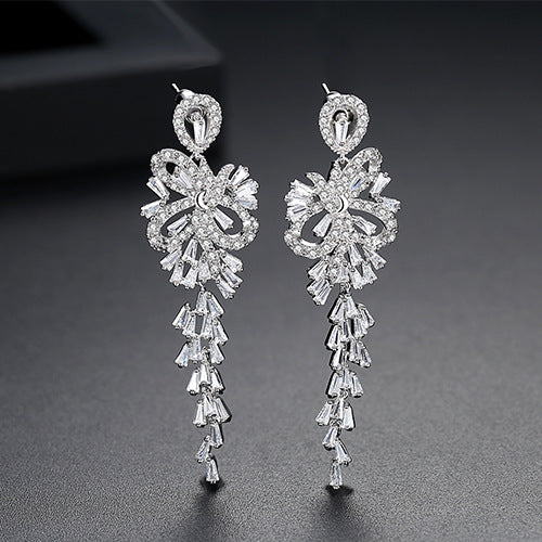 White Gold Plated Cubic Zirconia Flower Tassel Earrings AAA2536