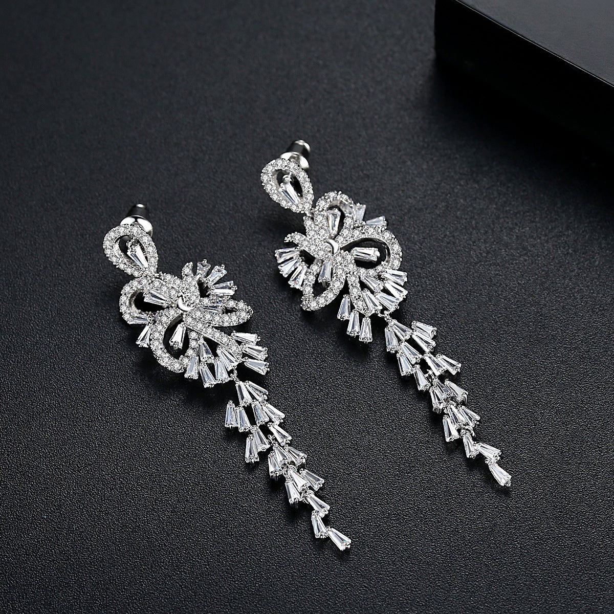 White Gold Plated Cubic Zirconia Flower Tassel Earrings AAA2536