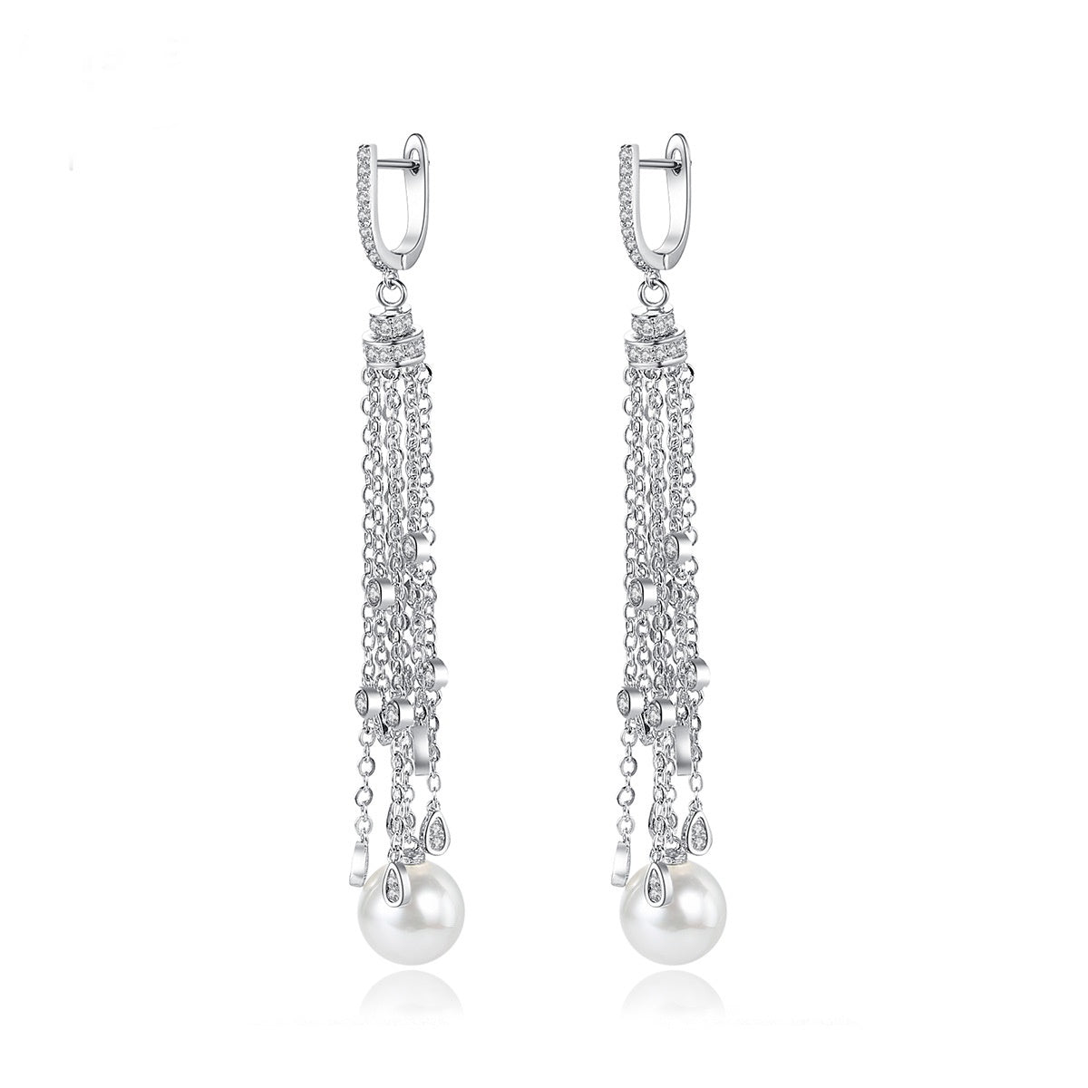 White Gold Plated Faux Pearl Cubic Zirconia Long Tassel Earrings AAA2537