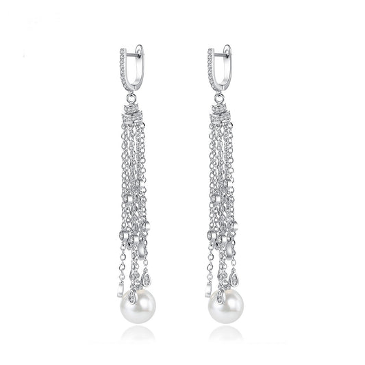 White Gold Plated Faux Pearl Cubic Zirconia Long Tassel Earrings AAA2537