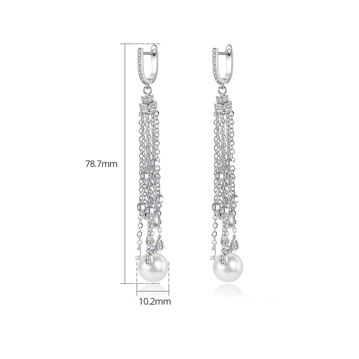 White Gold Plated Faux Pearl Cubic Zirconia Long Tassel Earrings AAA2537