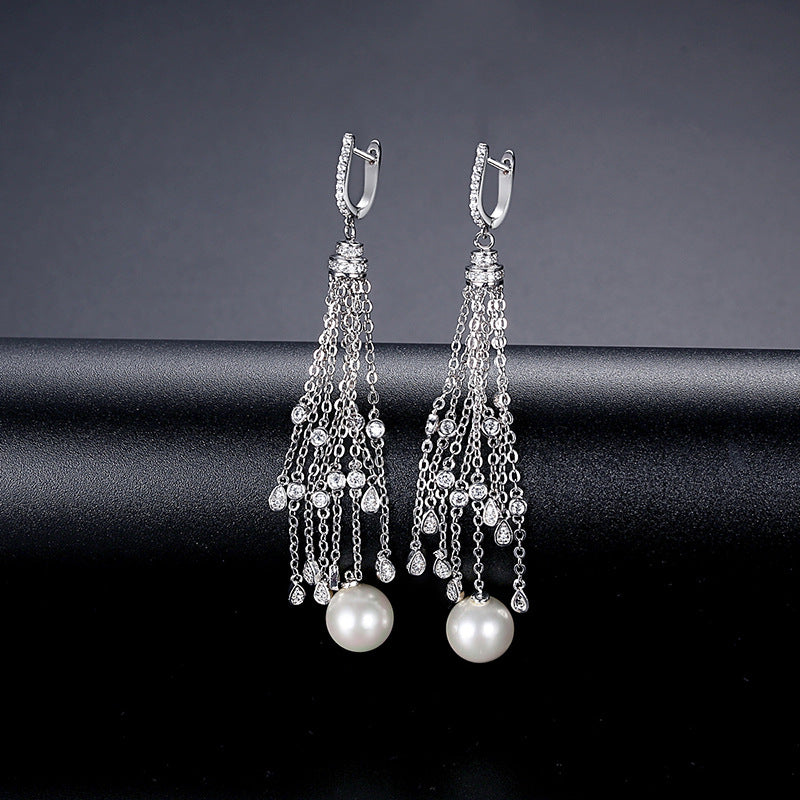 White Gold Plated Faux Pearl Cubic Zirconia Long Tassel Earrings AAA2537