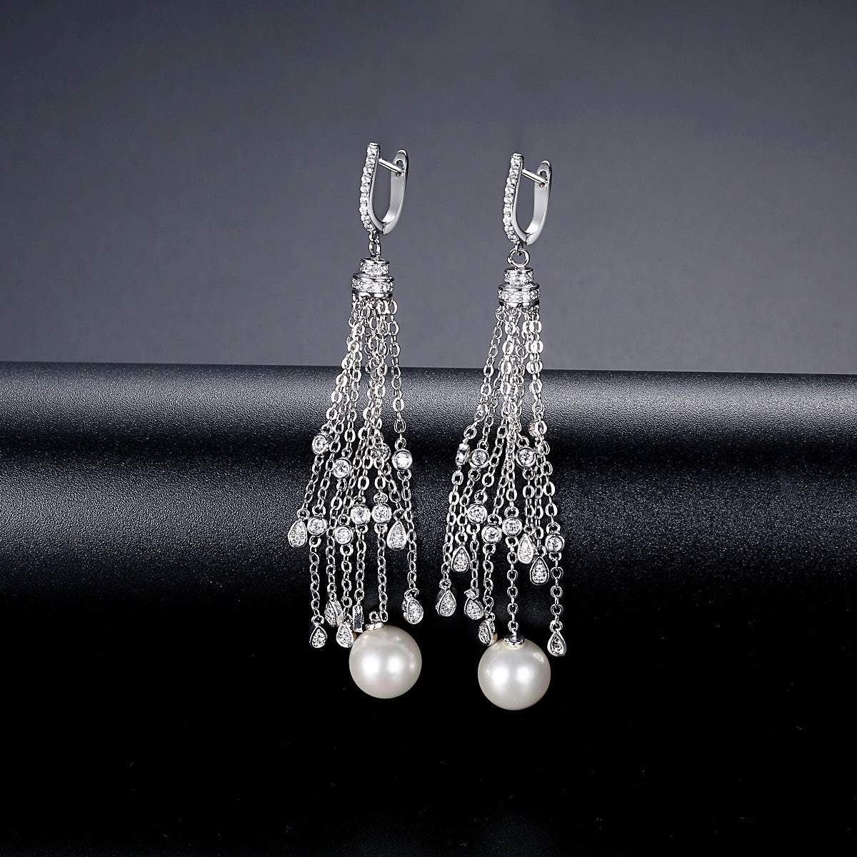 White Gold Plated Faux Pearl Cubic Zirconia Long Tassel Earrings AAA2537