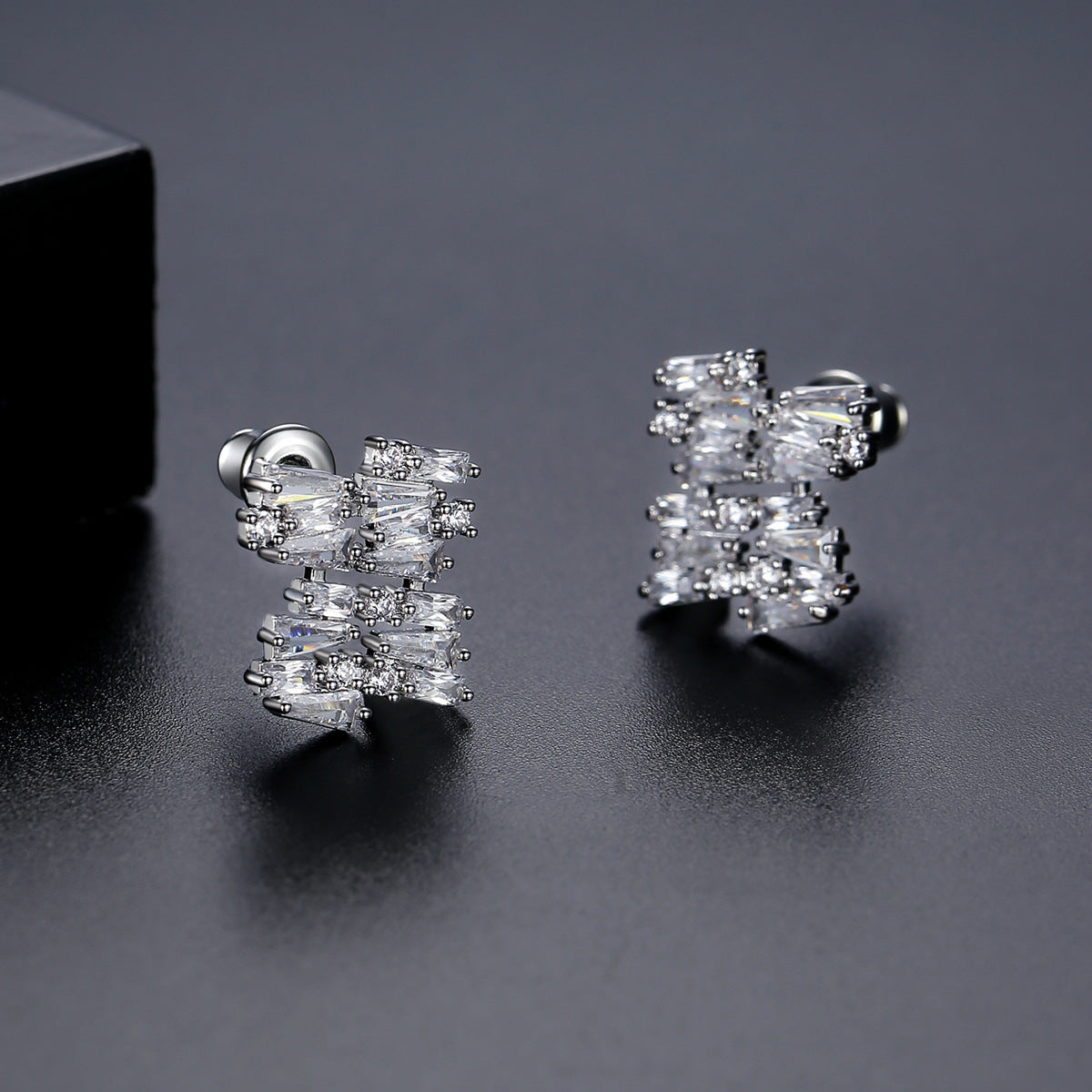 White Gold Plated Trapezoid Cubic Zirconia Stud Earrings AAA2547