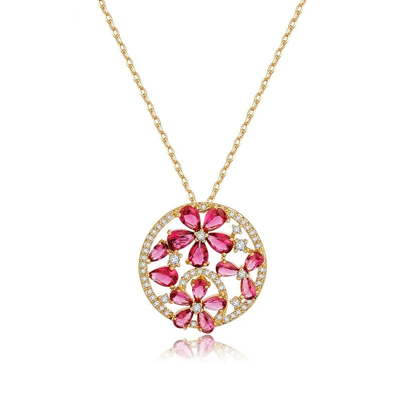 Ruby Flower Cubic Zirconia Gold Plated Chain Necklace AAA2549