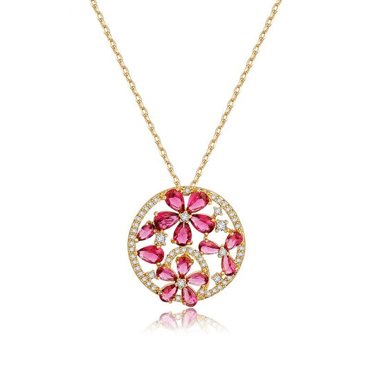 Ruby Flower Cubic Zirconia Gold Plated Chain Necklace AAA2549