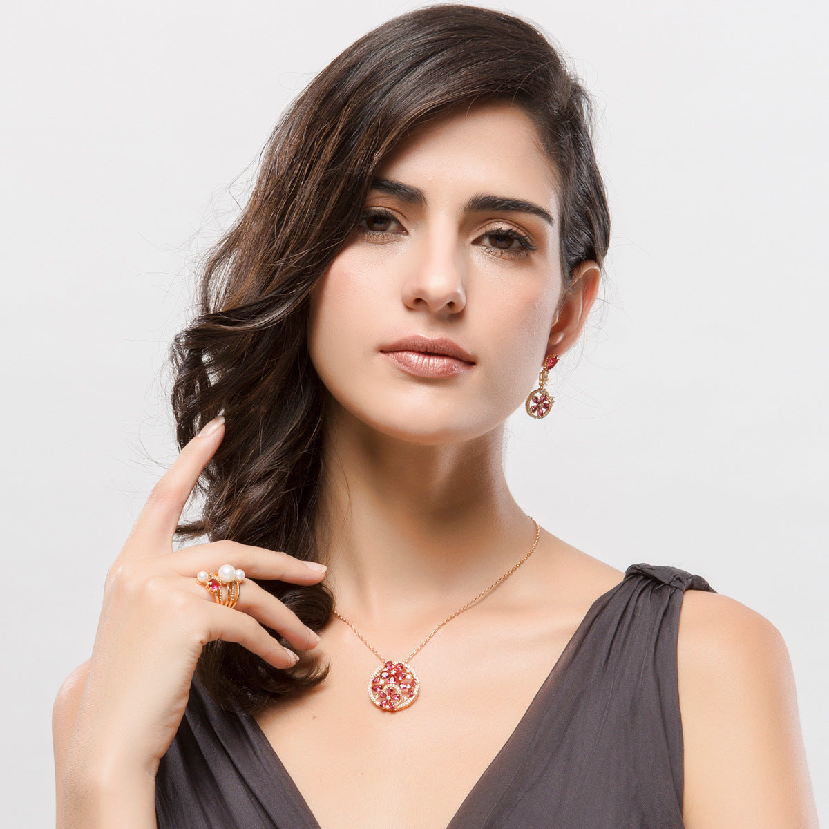 Ruby Flower Cubic Zirconia Gold Plated Chain Necklace AAA2549