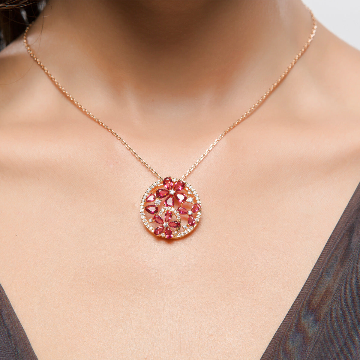 Ruby Flower Cubic Zirconia Gold Plated Chain Necklace AAA2549