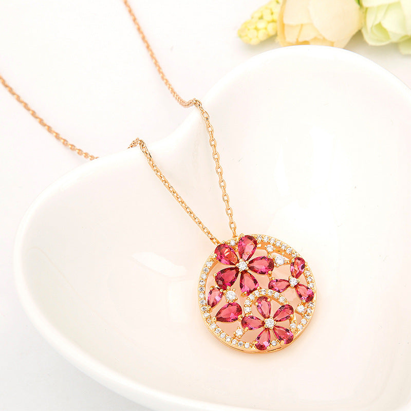 Ruby Flower Cubic Zirconia Gold Plated Chain Necklace AAA2549