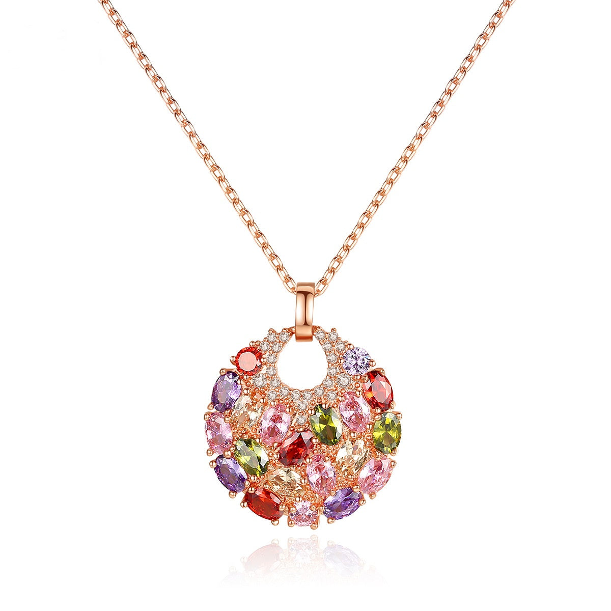 Rose Gold Plated Multi-Color Cubic Zirconia Disc Pendant Necklace AAA2554