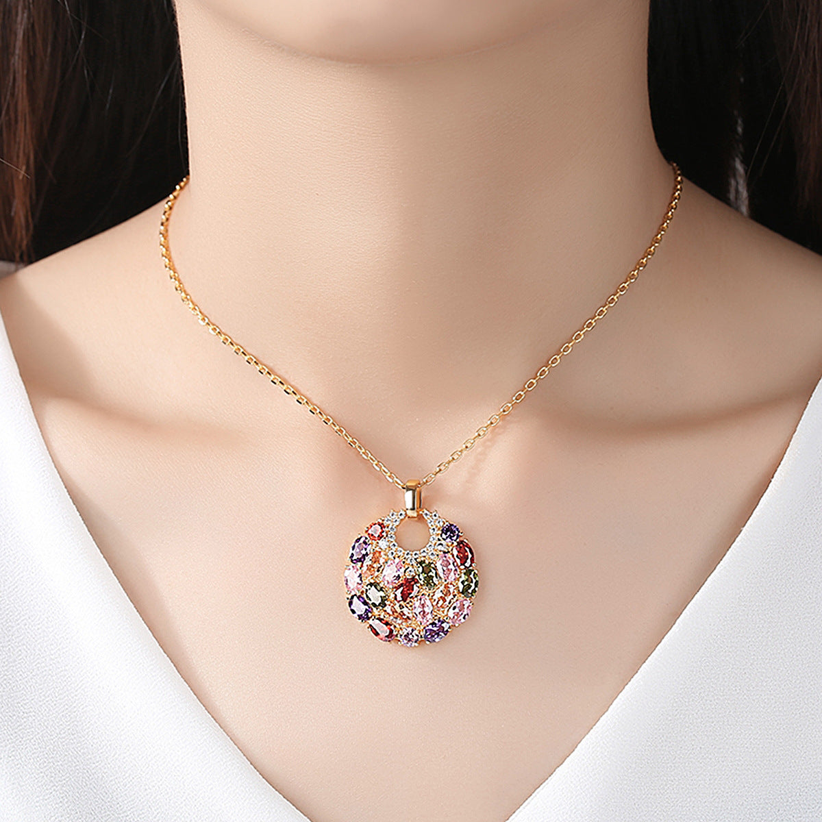 Rose Gold Plated Multi-Color Cubic Zirconia Disc Pendant Necklace AAA2554