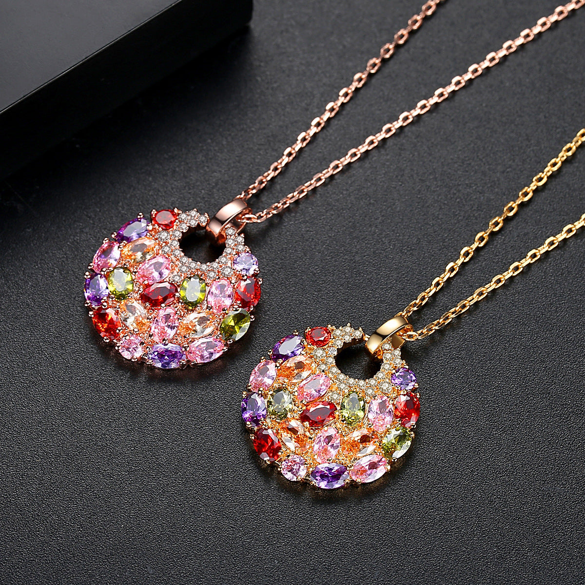 Rose Gold Plated Multi-Color Cubic Zirconia Disc Pendant Necklace AAA2554