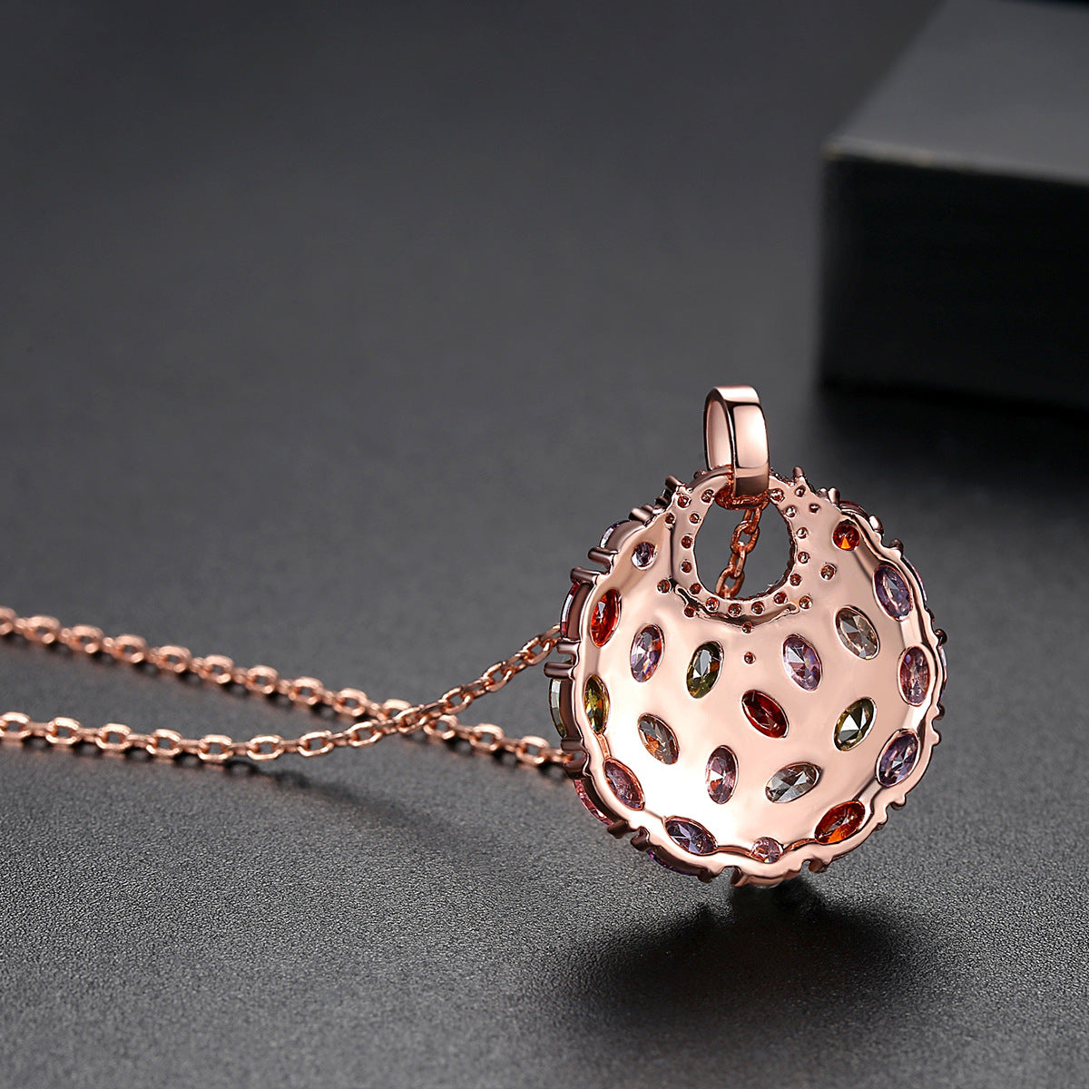 Rose Gold Plated Multi-Color Cubic Zirconia Disc Pendant Necklace AAA2554