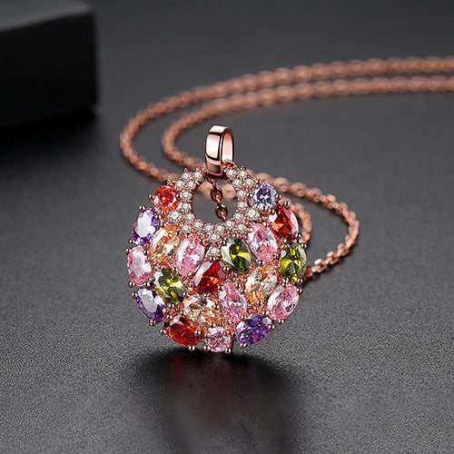 Rose Gold Plated Multi-Color Cubic Zirconia Disc Pendant Necklace AAA2554