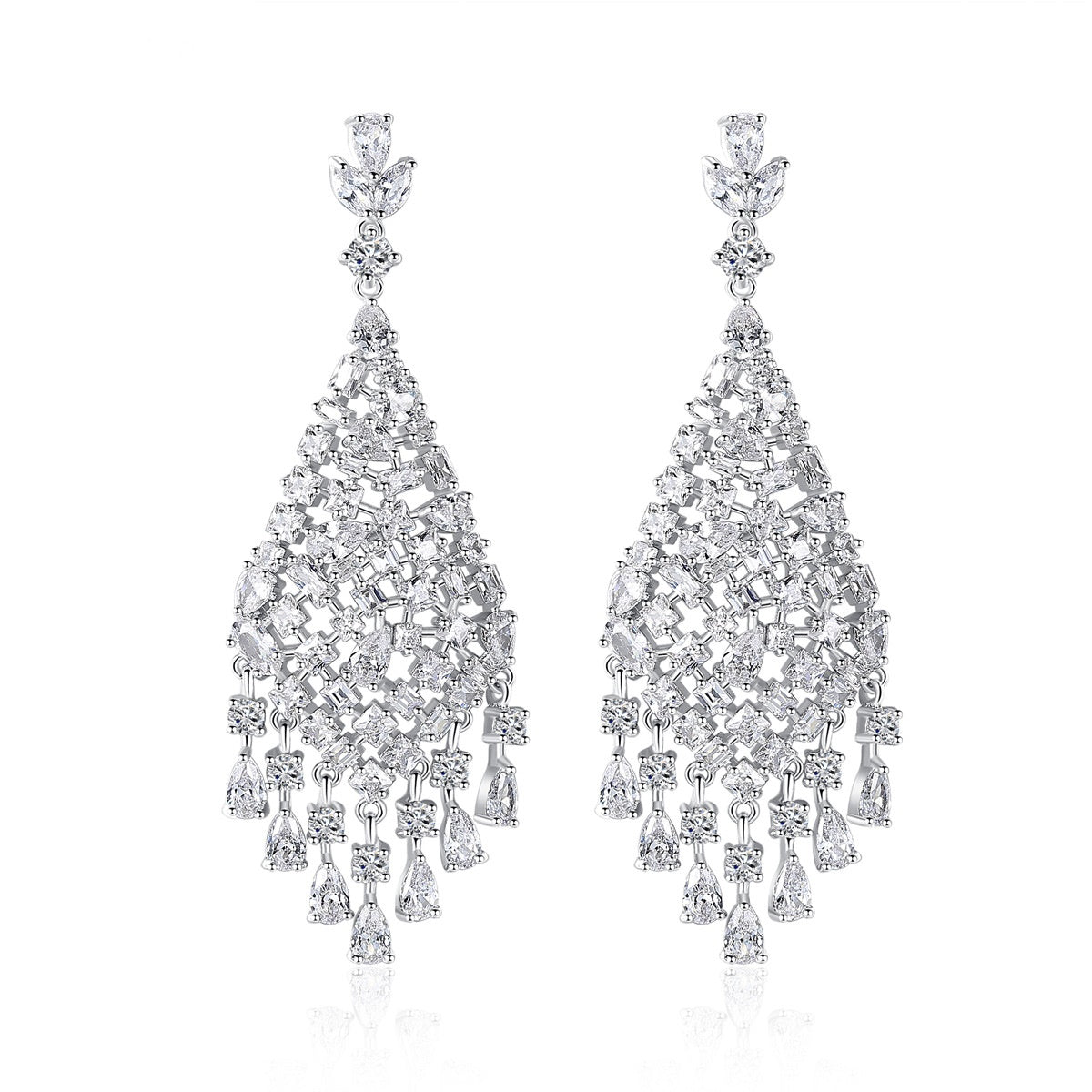 White Gold Plated Cubic Zirconia Tassel Chandelier Earrings AAA273