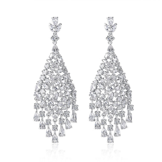 White Gold Plated Cubic Zirconia Tassel Chandelier Earrings AAA273