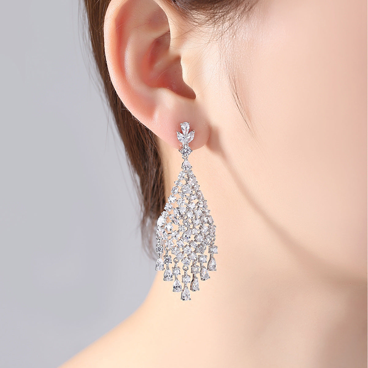 White Gold Plated Cubic Zirconia Tassel Chandelier Earrings AAA273