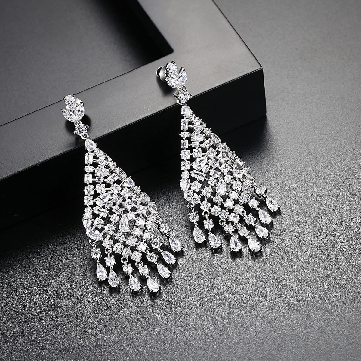 White Gold Plated Cubic Zirconia Tassel Chandelier Earrings AAA273