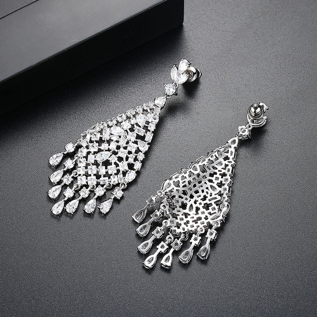 White Gold Plated Cubic Zirconia Tassel Chandelier Earrings AAA273
