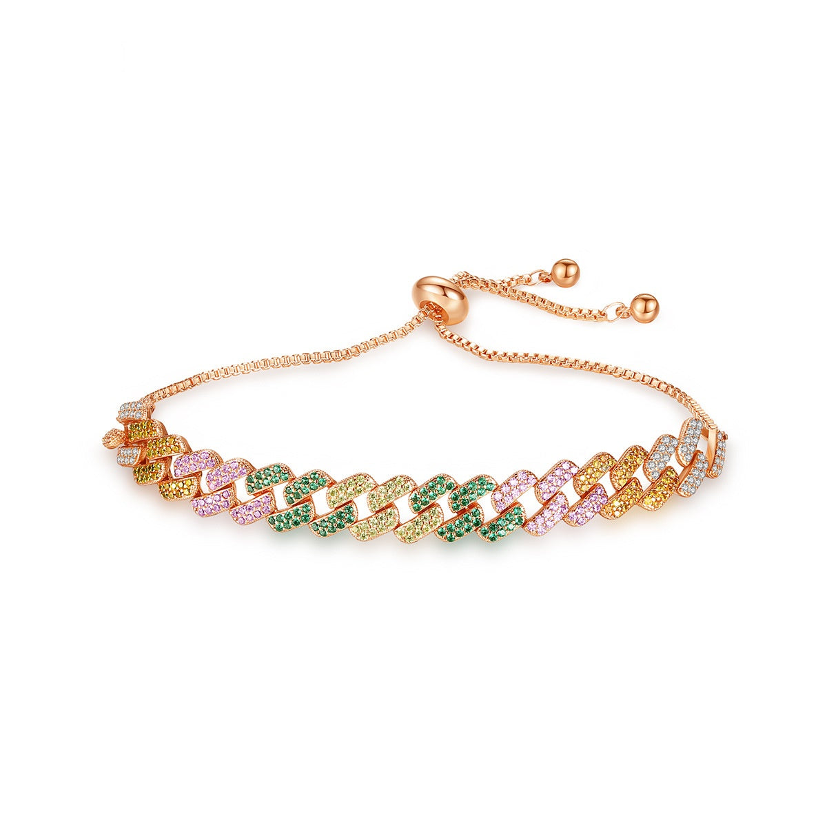 Rose Gold Plated Rainbow Cubic Zirconia Link Pull Chain Bracelet AAA285