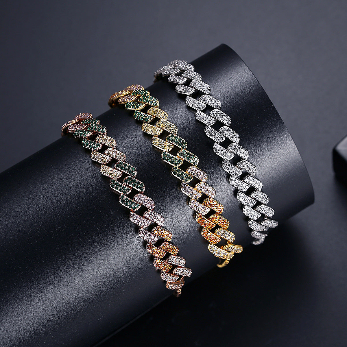 Rose Gold Plated Rainbow Cubic Zirconia Link Pull Chain Bracelet AAA285