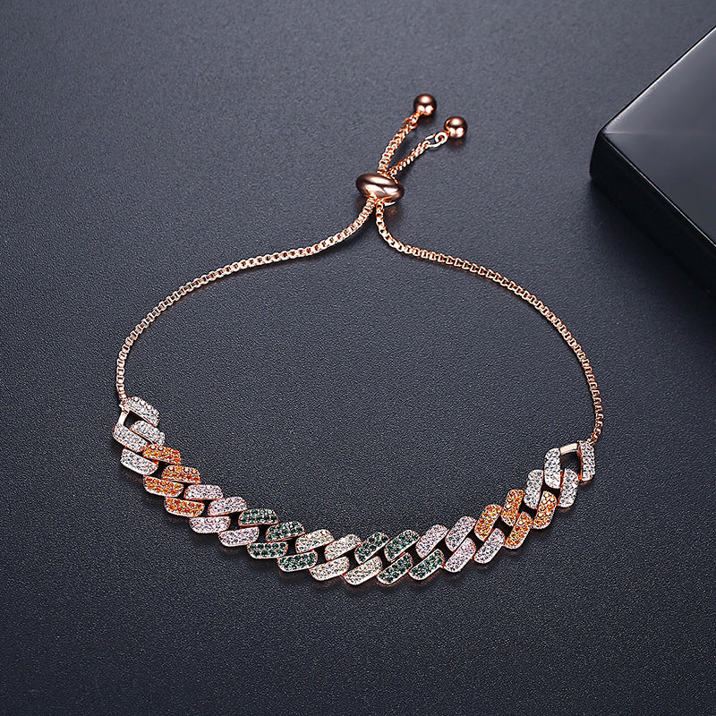 Rose Gold Plated Rainbow Cubic Zirconia Link Pull Chain Bracelet AAA285