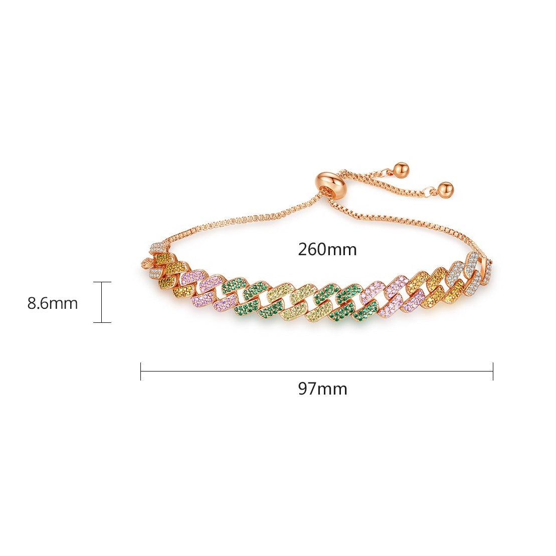 Rose Gold Plated Rainbow Cubic Zirconia Link Pull Chain Bracelet AAA285