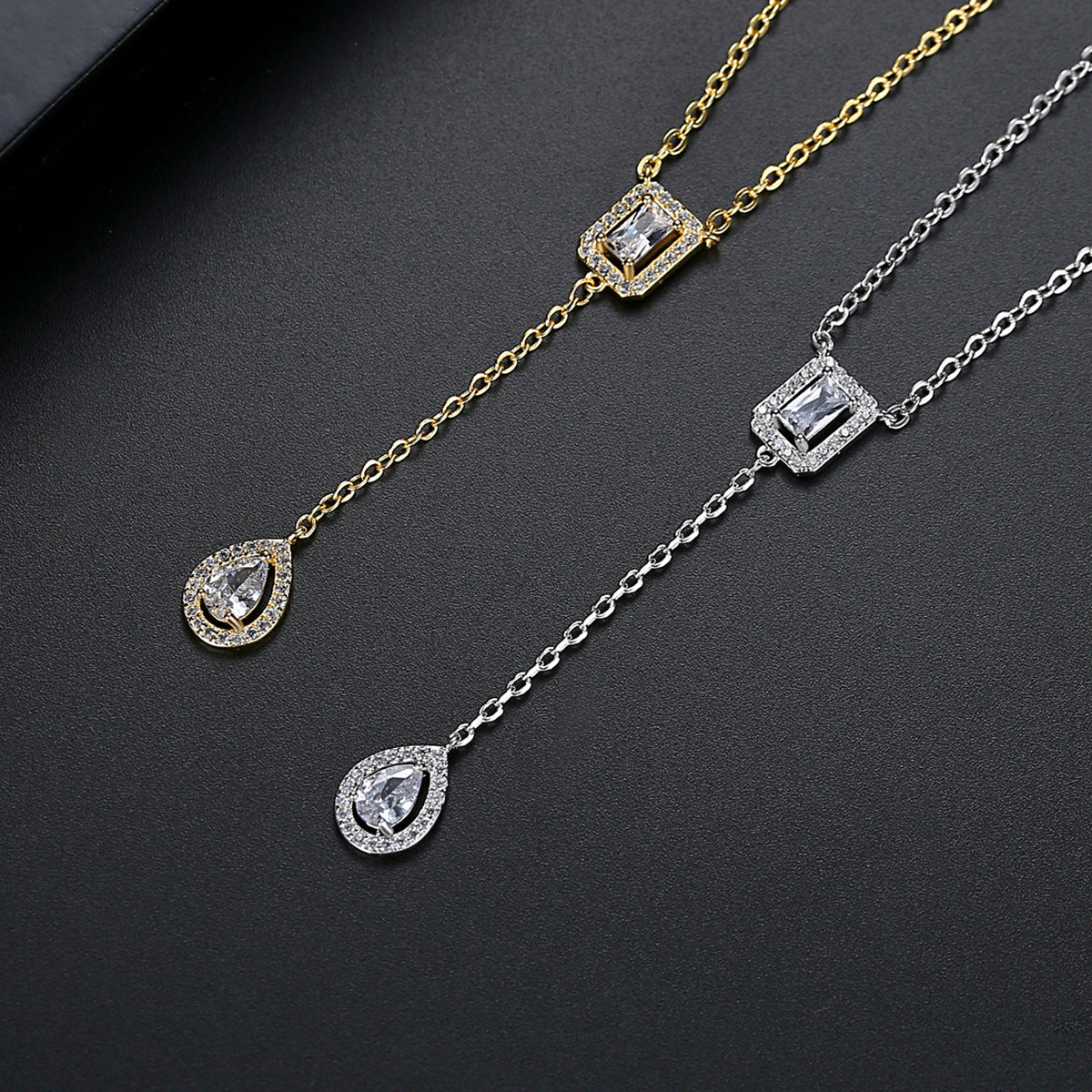Gold Plated Pear Cubic Zirconia Pendant Lariat Necklace AAA286