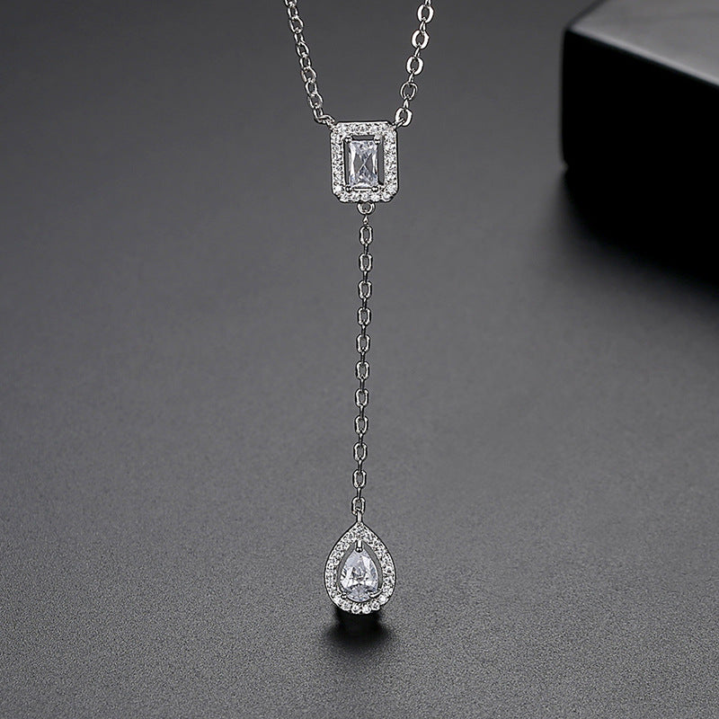Gold Plated Pear Cubic Zirconia Pendant Lariat Necklace AAA286
