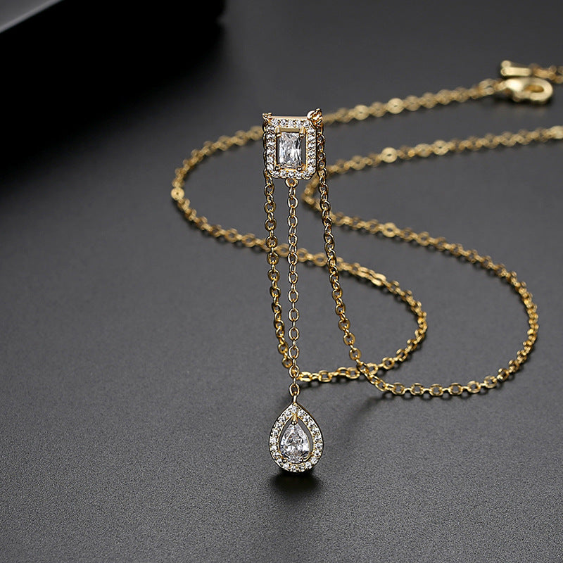 Gold Plated Pear Cubic Zirconia Pendant Lariat Necklace AAA286
