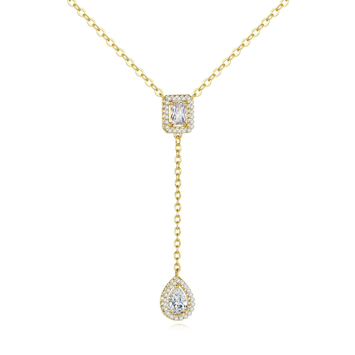 Gold Plated Pear Cubic Zirconia Pendant Lariat Necklace AAA286