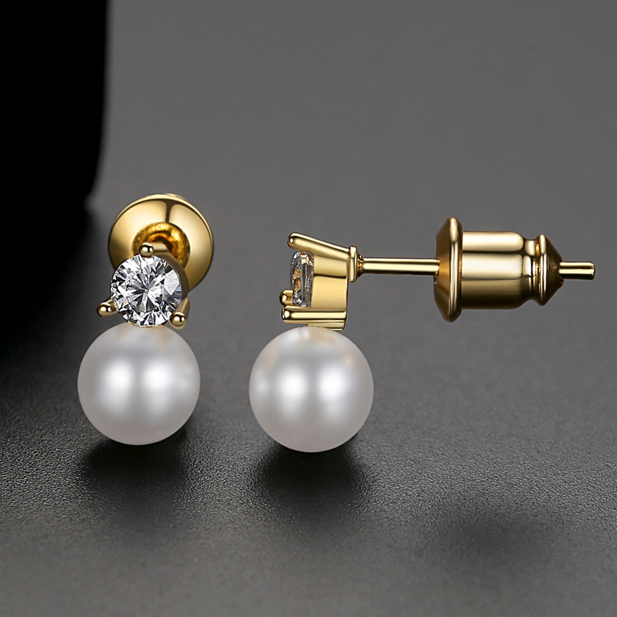 Gold Plated Faux Pearl & Cubic Zirconia Stud Earrings AAA288