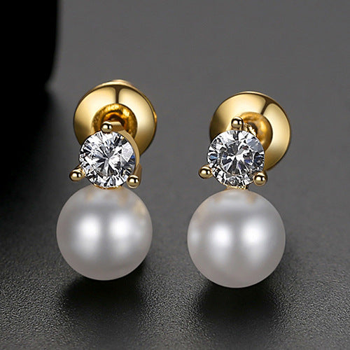 Gold Plated Faux Pearl & Cubic Zirconia Stud Earrings AAA288