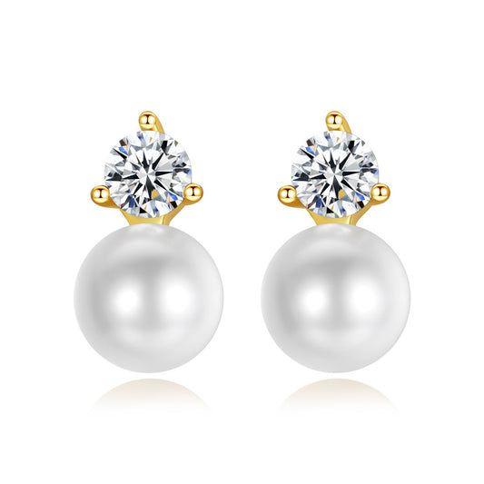 Gold Plated Faux Pearl & Cubic Zirconia Stud Earrings AAA288