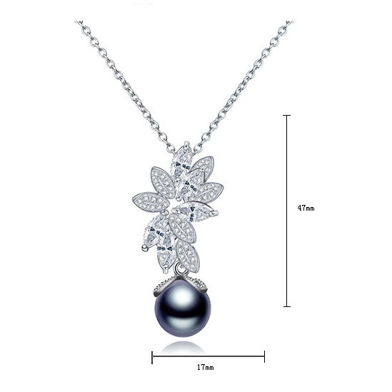 Faux Black Pearl & Cubic Zirconia Floral Pendant Necklace AAA324