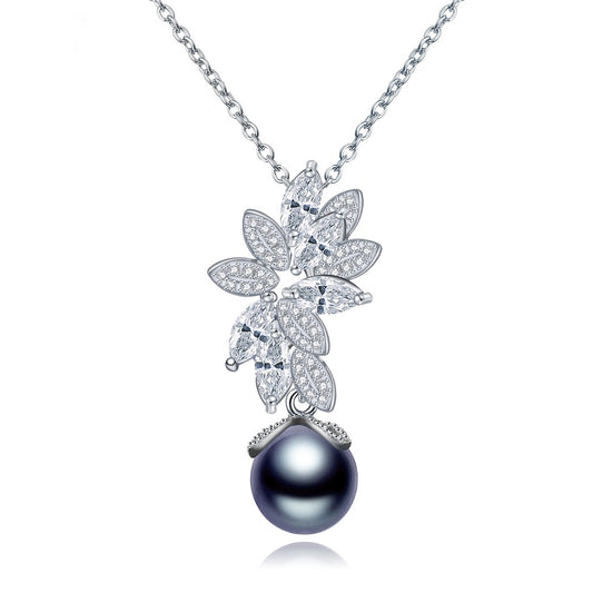 Faux Black Pearl & Cubic Zirconia Floral Pendant Necklace AAA324