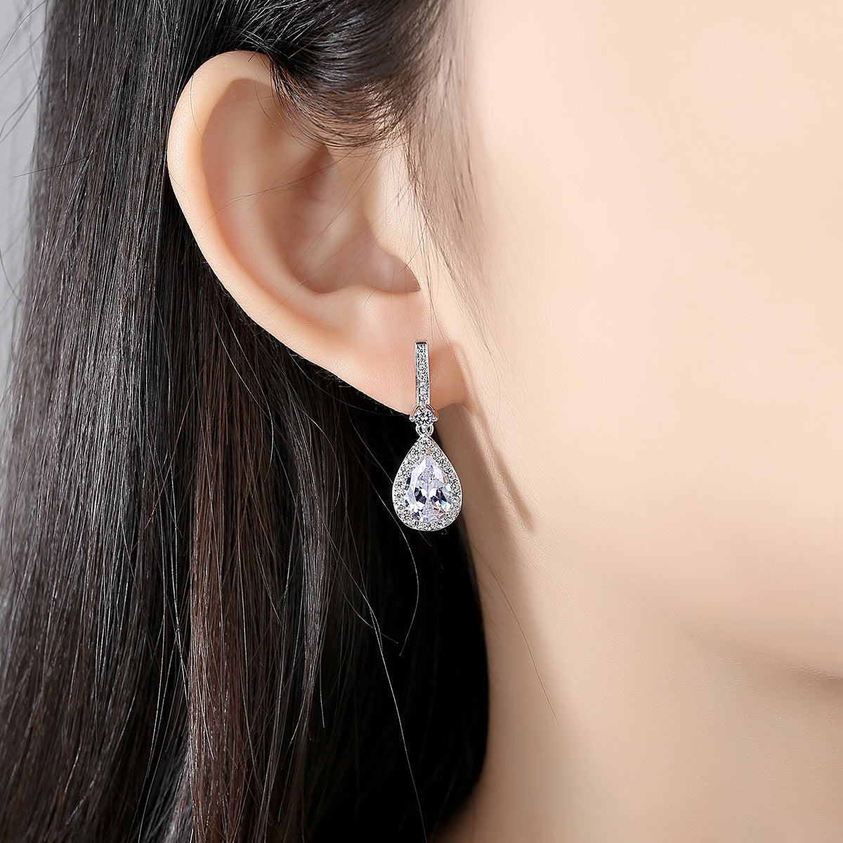 White Gold Plated Pear Shape Cubic Zirconia Drop Earrings AAA391