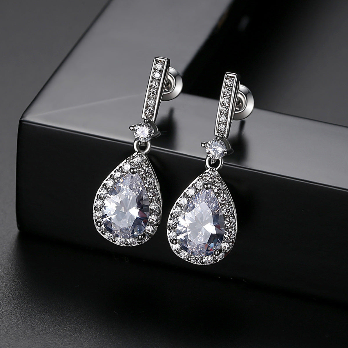 White Gold Plated Pear Shape Cubic Zirconia Drop Earrings AAA391