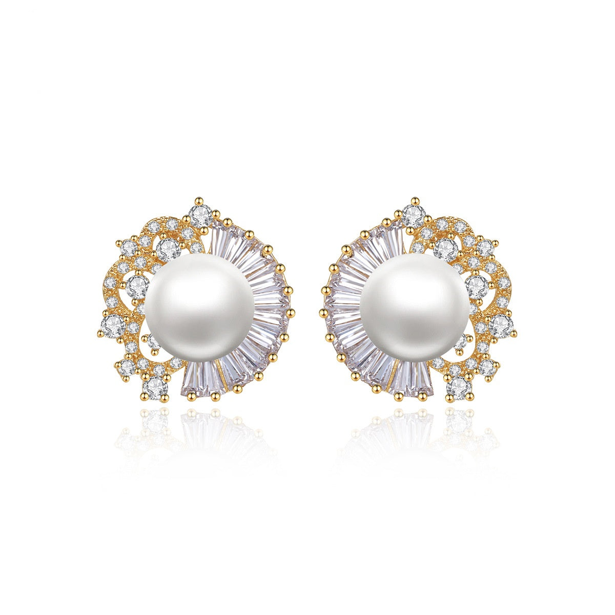Faux Pearl & Cubic Zirconia Gold Plated Stud Earrings AAA426