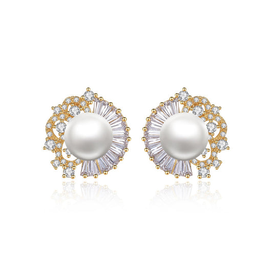 Faux Pearl & Cubic Zirconia Gold Plated Stud Earrings AAA426