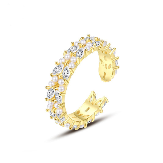 Gold Plated Faux Pearl & Marquise Cubic Zirconia Open Band Ring AAA428
