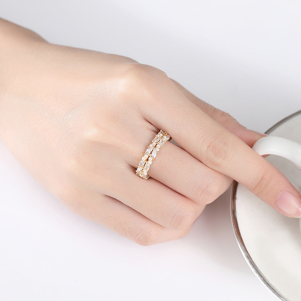 Gold Plated Faux Pearl & Marquise Cubic Zirconia Open Band Ring AAA428